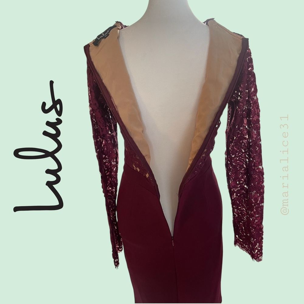Lulu's Burgundy Lace Long Sleeve Dress. Deep V-neck. EUC. Medium. - Picture 4 of 11